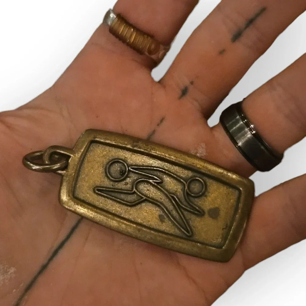 VTG Key‎ Carriers Bowling Keychain Bowler Pendant Brass Stylized 70s Retro Metal